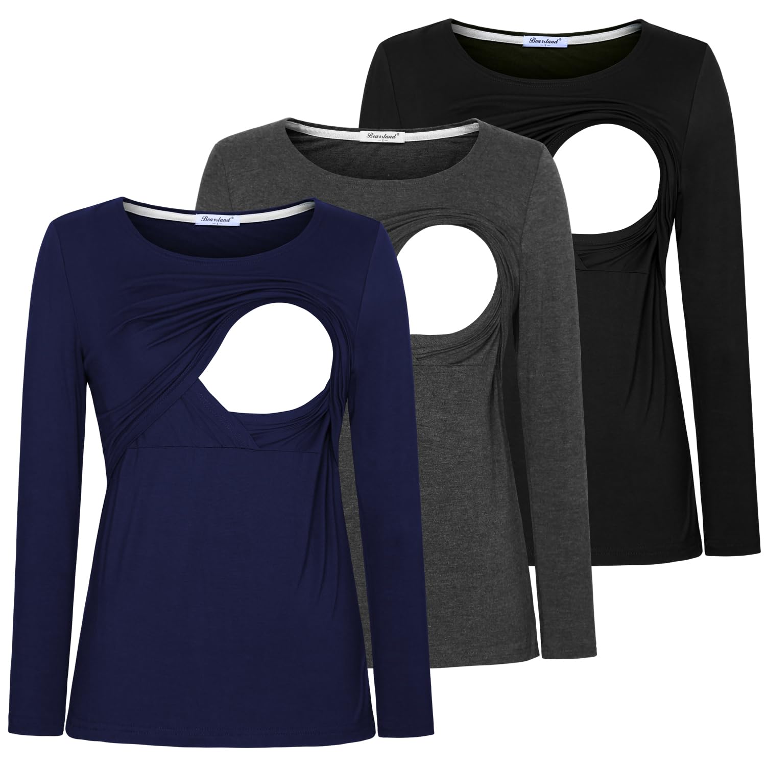 Bearsland Camicia da allattamento da donna, a maniche lunghe, girocollo, per allattamento