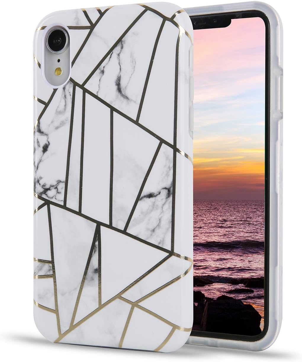 iPhone XR Case, Wight Stitching Marble Pattern, Dual Layer Clear Soft TPU Hard PC Shockproof Phone Cases for Women Girls Men Boys[6.1"]
