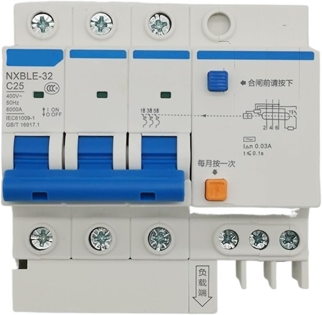 ALKOY Circuit breakerNXBLE-32 Type C Residual Current Operated Circuit Breaker RCBO 6KA Type C 3P 30mA 400 V 415V 50HZ 6A 10A 16A 20A 25A 32A 1Pcs (Size : 3P, Color : 6A) (Color : 32A, Size : 3P)