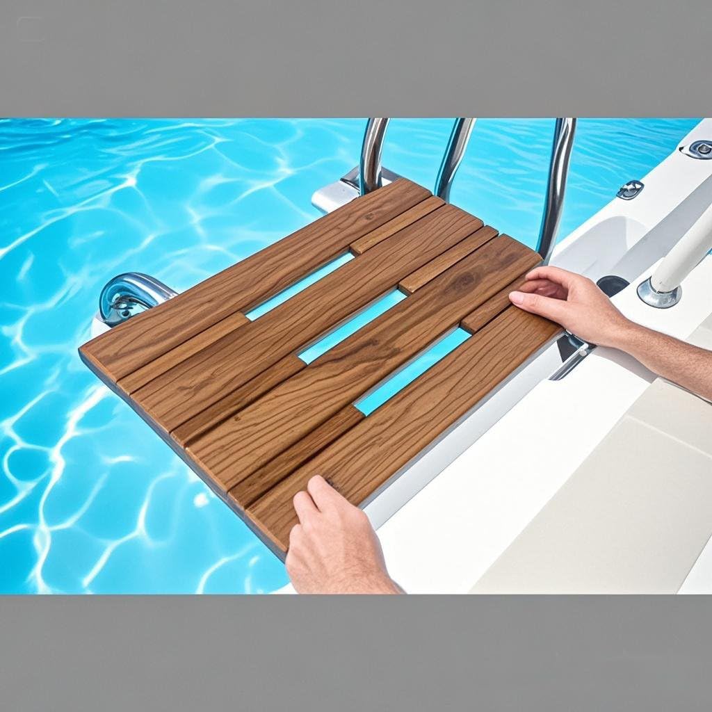 Teak Swim Platform for Boats, 17.7 * 14.6 * 1.6“ Marine-Grade Teak Wood Decking Step/Seat, Waterproof & Non-Slip Boat Accessory for Yacht, Sailboat, Dock
