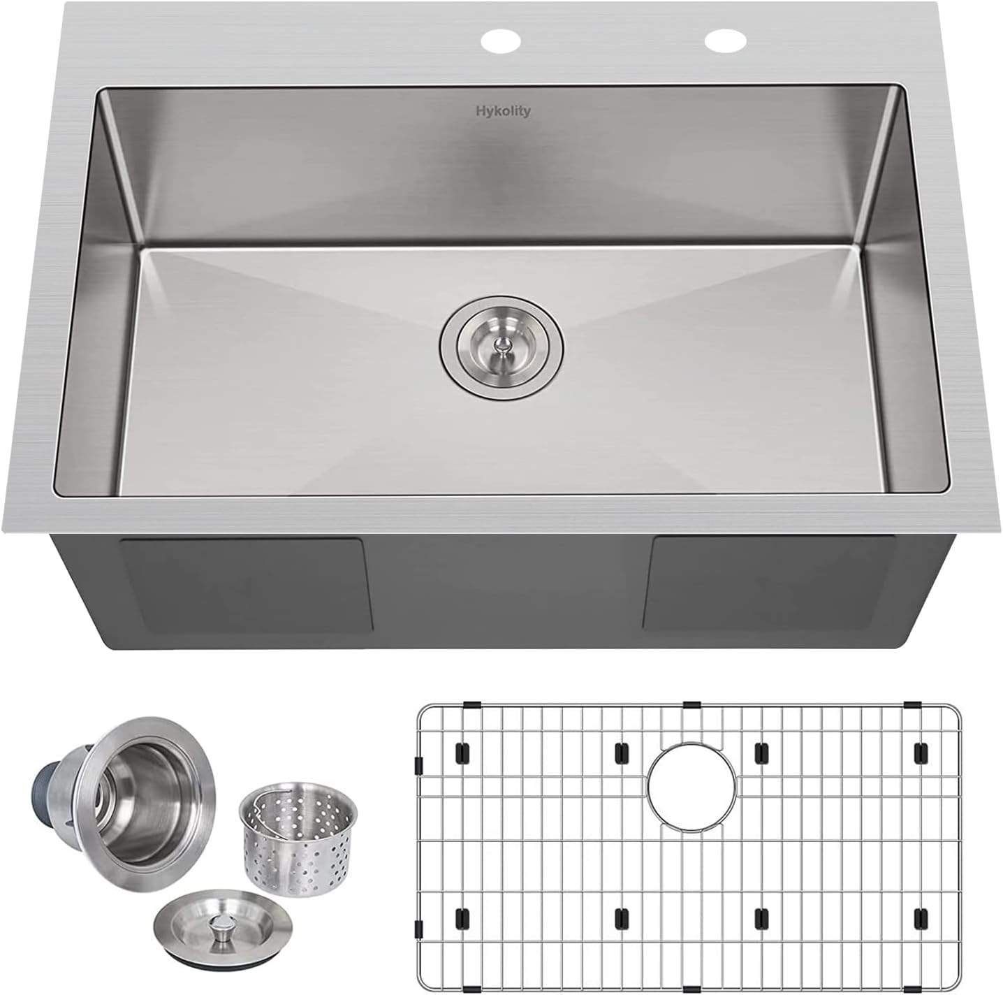 hykolity Fregadero de cocina de 33 pulgadas, fregadero de cocina de acero inoxidable de 2 agujeros con colador y rejilla inferior, 33 x 22 x 9