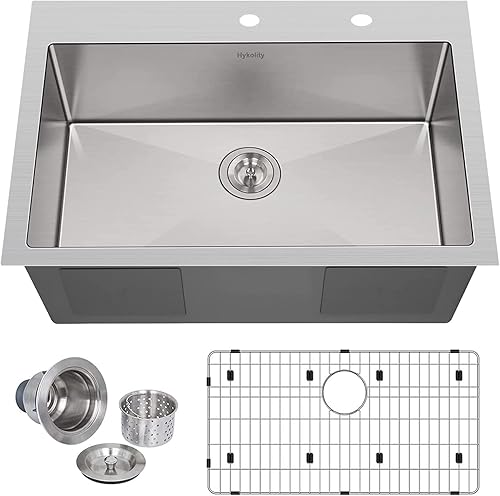 hykolity Fregadero de cocina de 33 pulgadas, fregadero de cocina de acero inoxidable de 2 agujeros con colador y rejilla inferior, 33 x 22 x 9