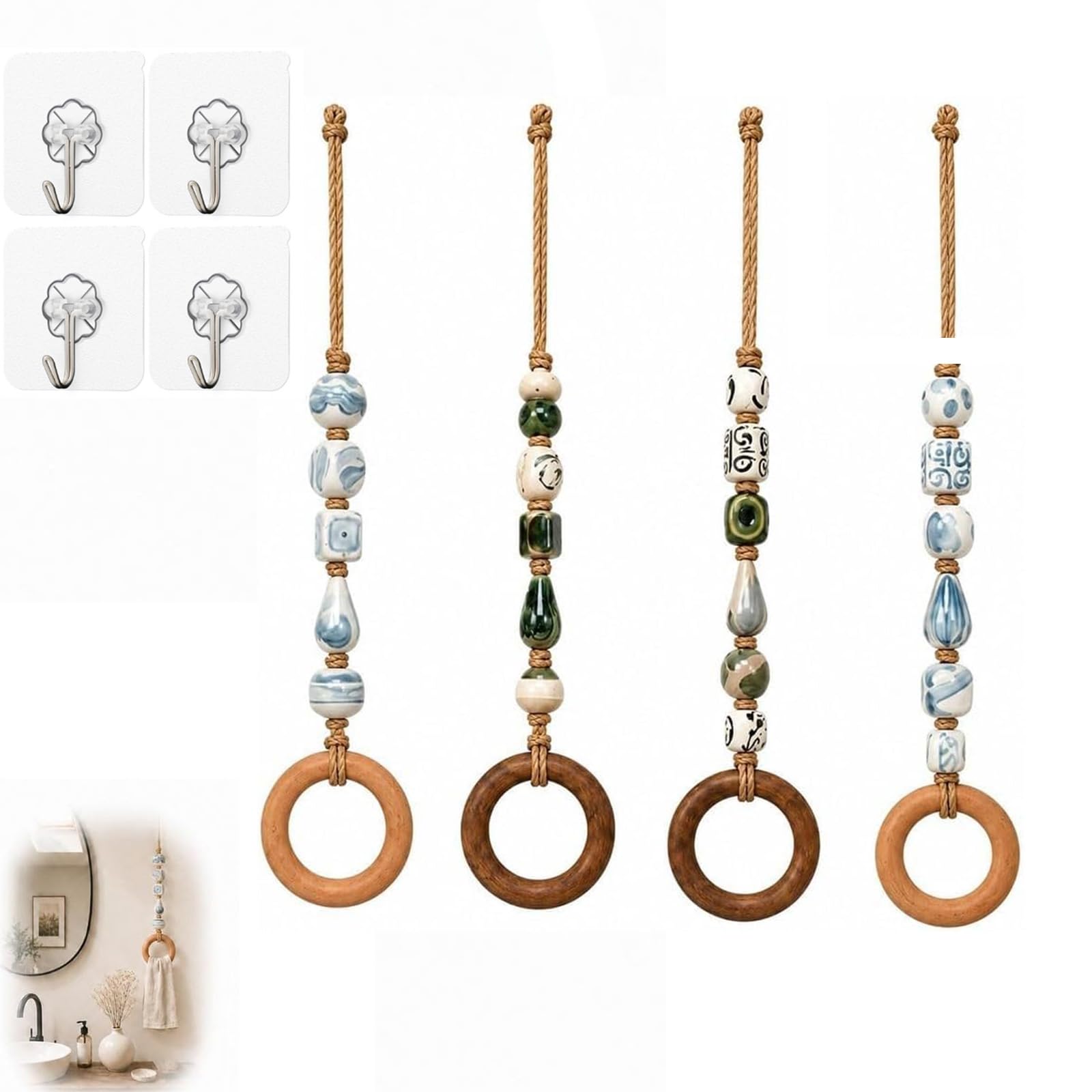 Porta-asciugamani decorativo con perline e anello in legno,stile boho (mix)