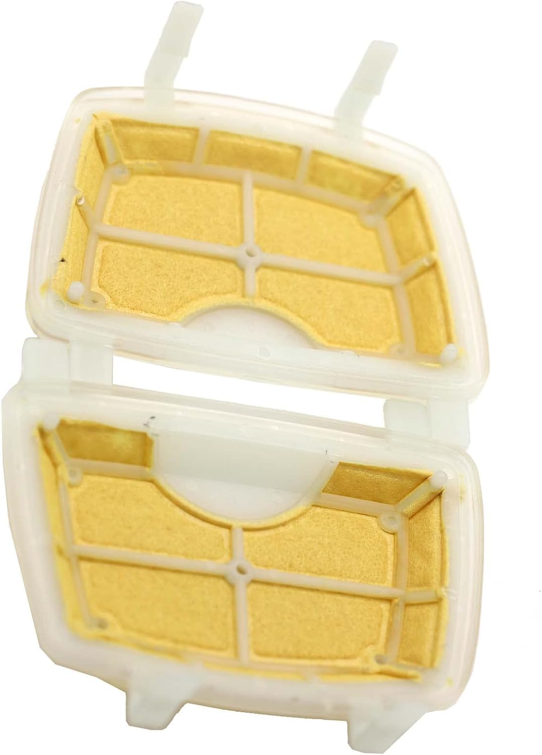 A new air filter for a Stihl chainsaw, shown in an open position, revealing the filter material inside.