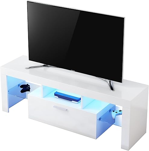 Miniatura 9 de Moderno soporte de TV negro para TV de 32/40/50/55+ pulgadas, consola de TV centro de entretenimiento, soporte de mesa de TV LED con almacenamiento