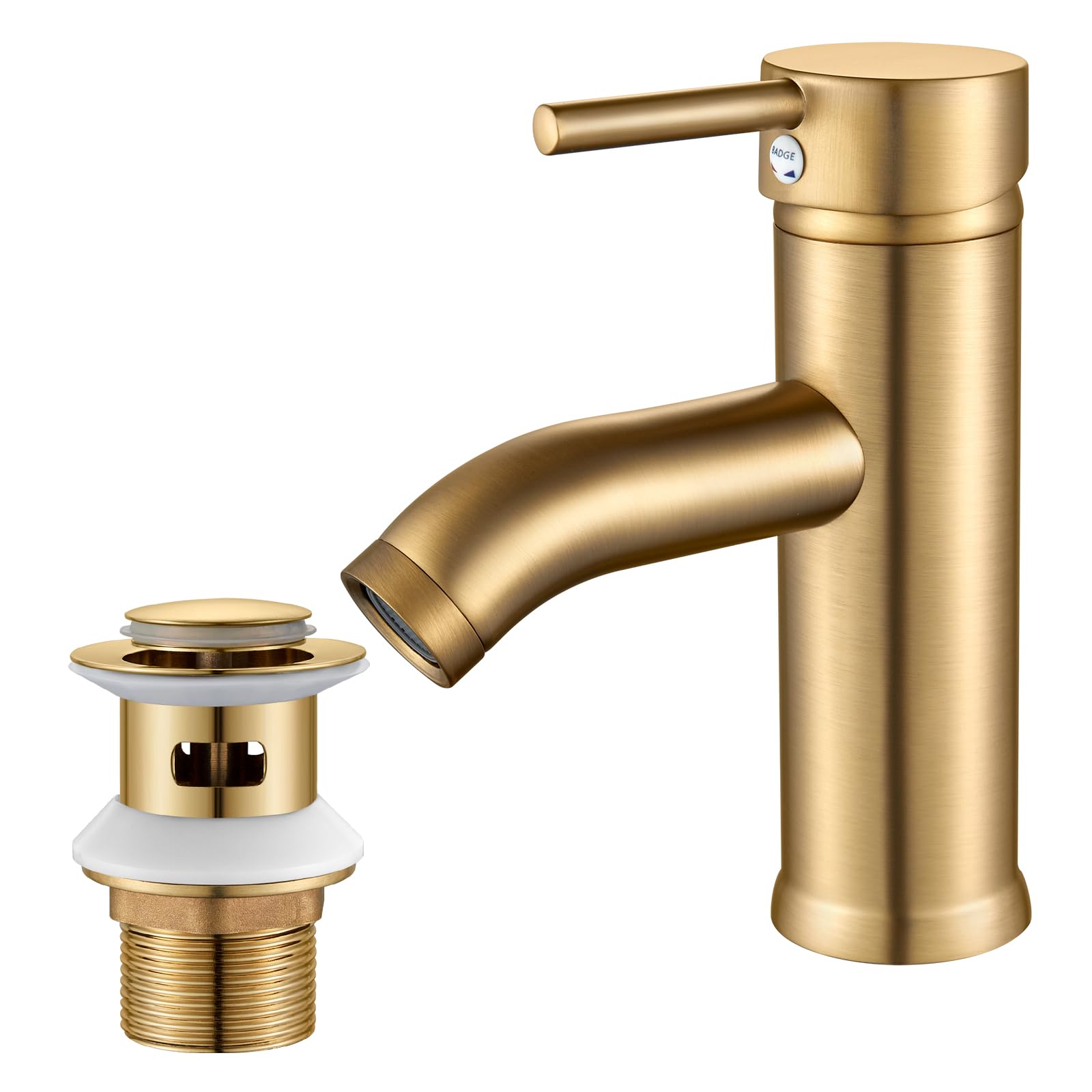 kisimixer Basin Mixer Tap with Pop Up Waste Slotted, Single Lever Hot and Cold 304 Stainless Steel Bathroom Sink Taps with G1/2 Hoses, Brushed Gold