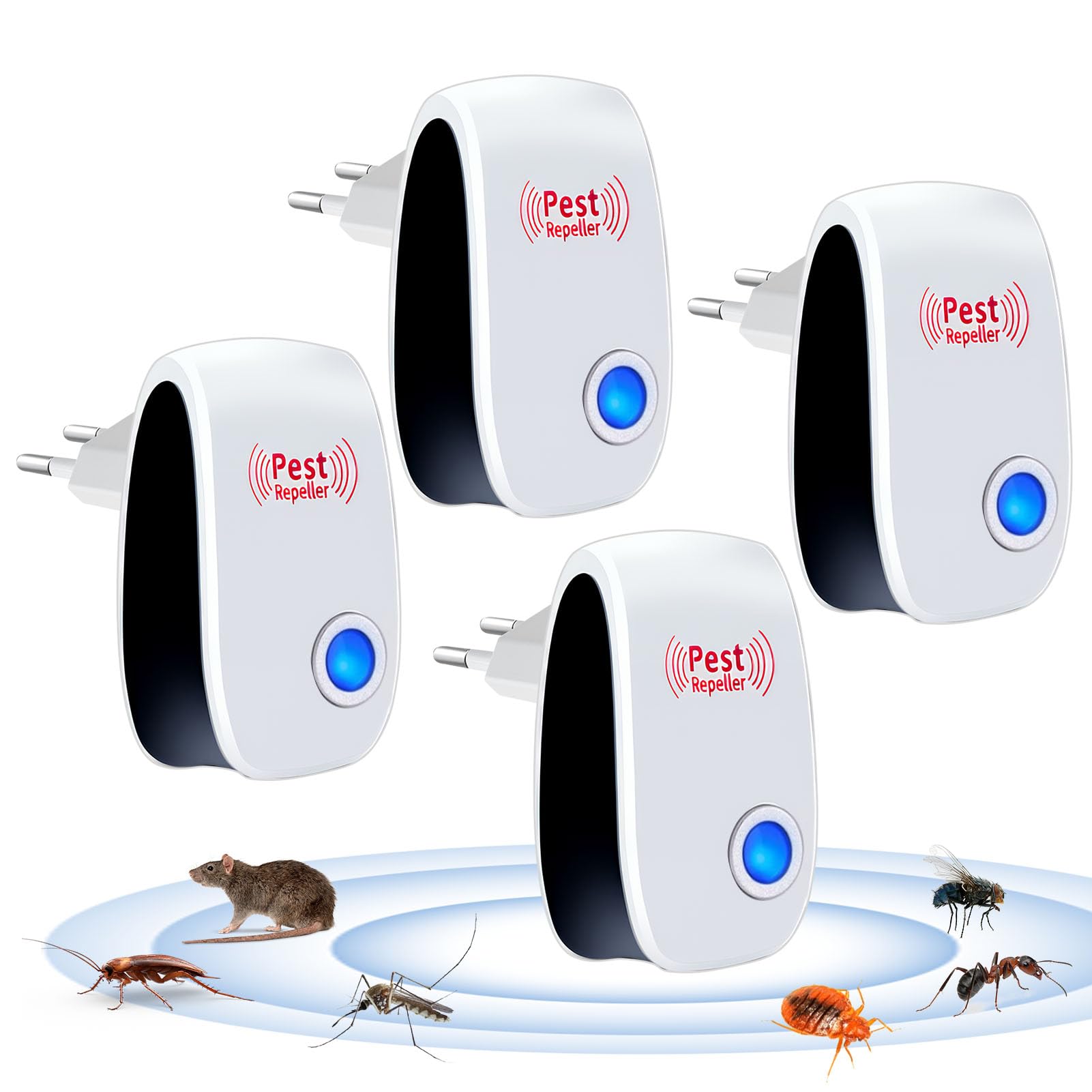 Repelente Ultrasónico de Plagas 4 Piezas, Antimosquitos Eléctrico Enchufe para Control de Insectos, Ahuyentador de Ratones, Cucarachas, Hormigas, Moscas y Arañas, Seguro para Mascotas y Bebés