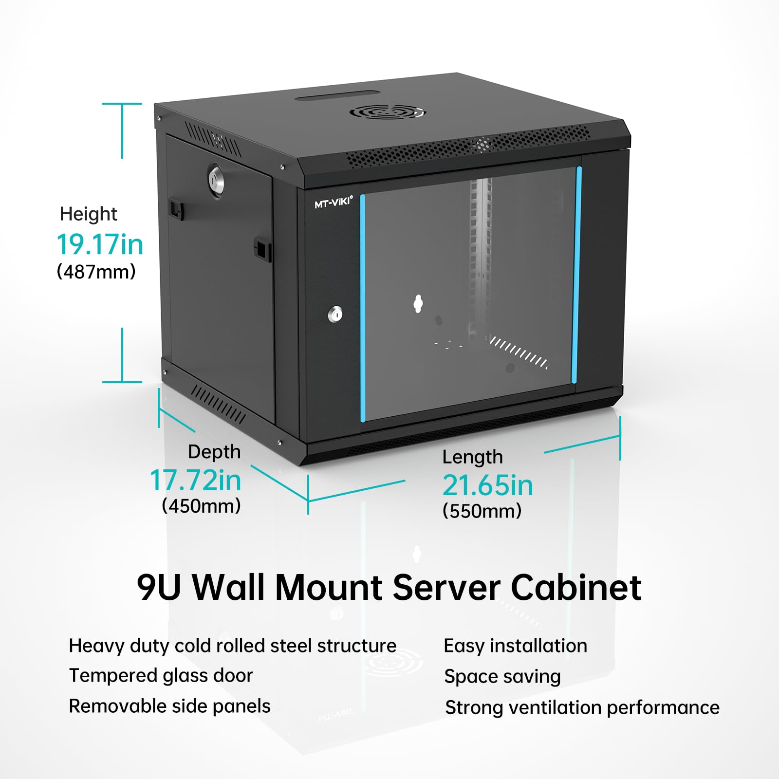 MT-VIKI Armadio di rete per server 9U con montaggio a parete, 0,8 mm di spessore, 450 mm di profondità, per apparecchiature IT da 19", incluso 1 ripiano per rack