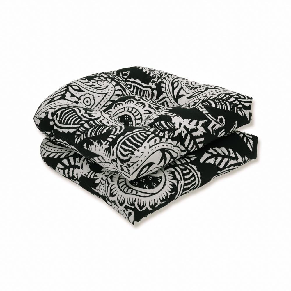 Pillow Perfect Paisley Indoor/Outdoor Chair Seat Cushion, Tufted, Weather, and Fade Resistant, 19" x 19", Black/Ivory Addie, 2 Count