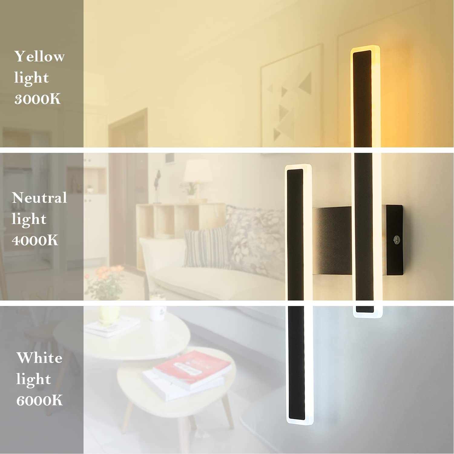 Comely Kinkiet Wewnętrzny LED, 32W 3600LM Czarna Nowoczesna Lampa Ścienna, 3 Temperatury Barwowe Oświetlenie Wewnętrzne Lampa Nocna Ledowa Lampa Ścienna Do Salonu Sypialni Biura Schodów