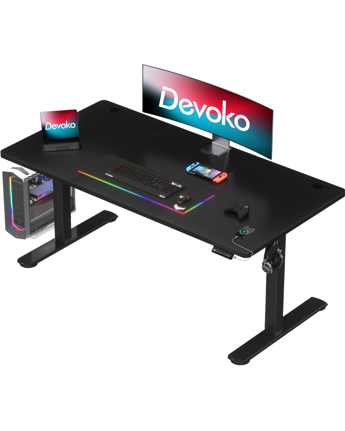 Devoko Höhenverstellbarer Schreibtisch mit USB-Buchse Schreibtisch Höhenverstellbar Elektrisch Steh-Sitz Verstellbarer Computertisch Stehpult Bürotisch Adjustable Desk,140x60cm,Schwarz