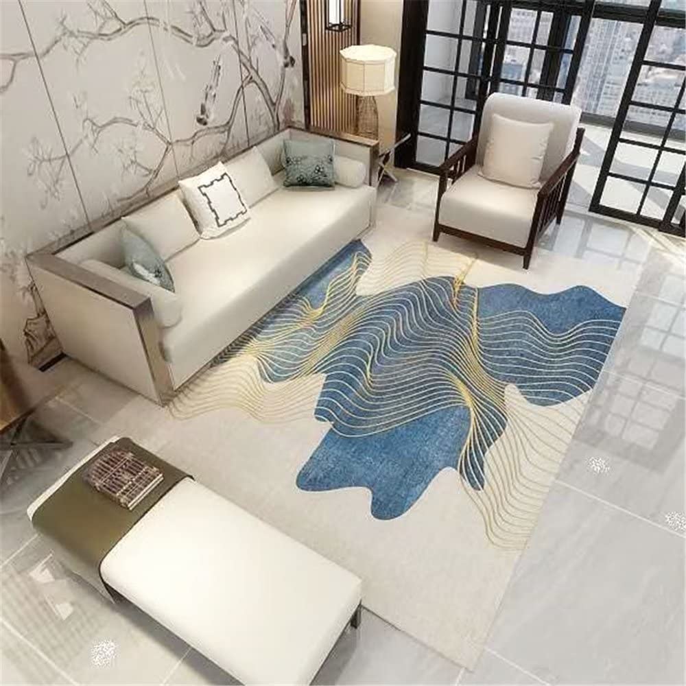 Tapis de salon abstrait bleu idéal pour réchauffer le sol d'une salle d'étude