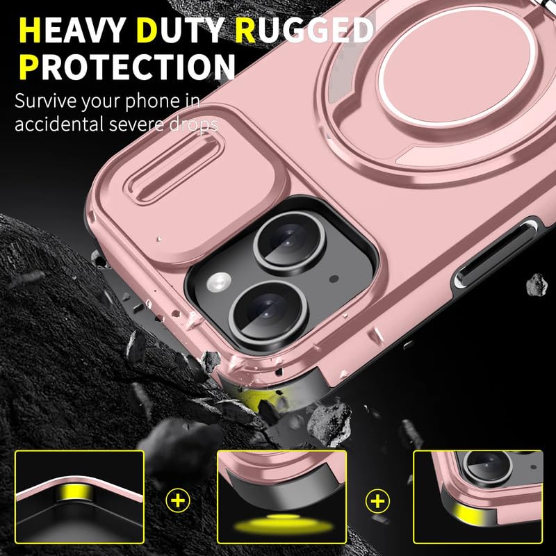 Image of LuxuryKase Shockproof Rugged Case for iPhone 15 | Slide Camera Cover | 360 Rotating Ring Kickstand | Military-Grade Protection - Rose Pink