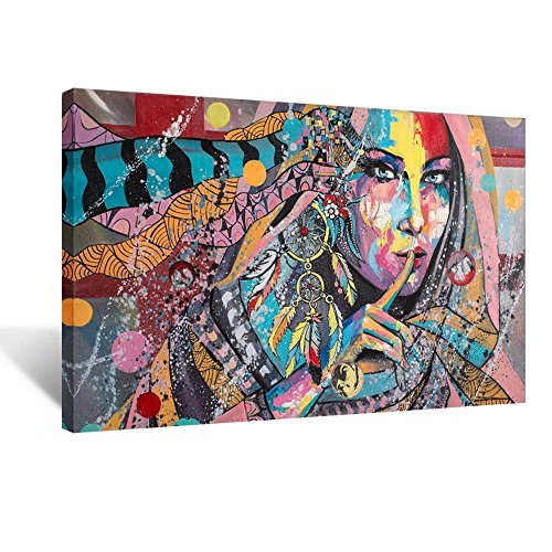 iHAPPYWALL Native American Indians Girl Feathered Canvas Wall Art Painting Home Decorations Stretched and Framed Ready to Hang 24x36inch