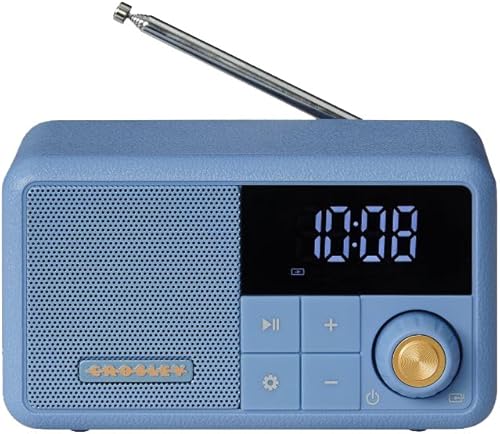 Crosley CR1121A-EB Cooper - Radio AMFM retro, altavoz Bluetooth portátil con entrada auxiliar y pantalla LED, color azul elemental