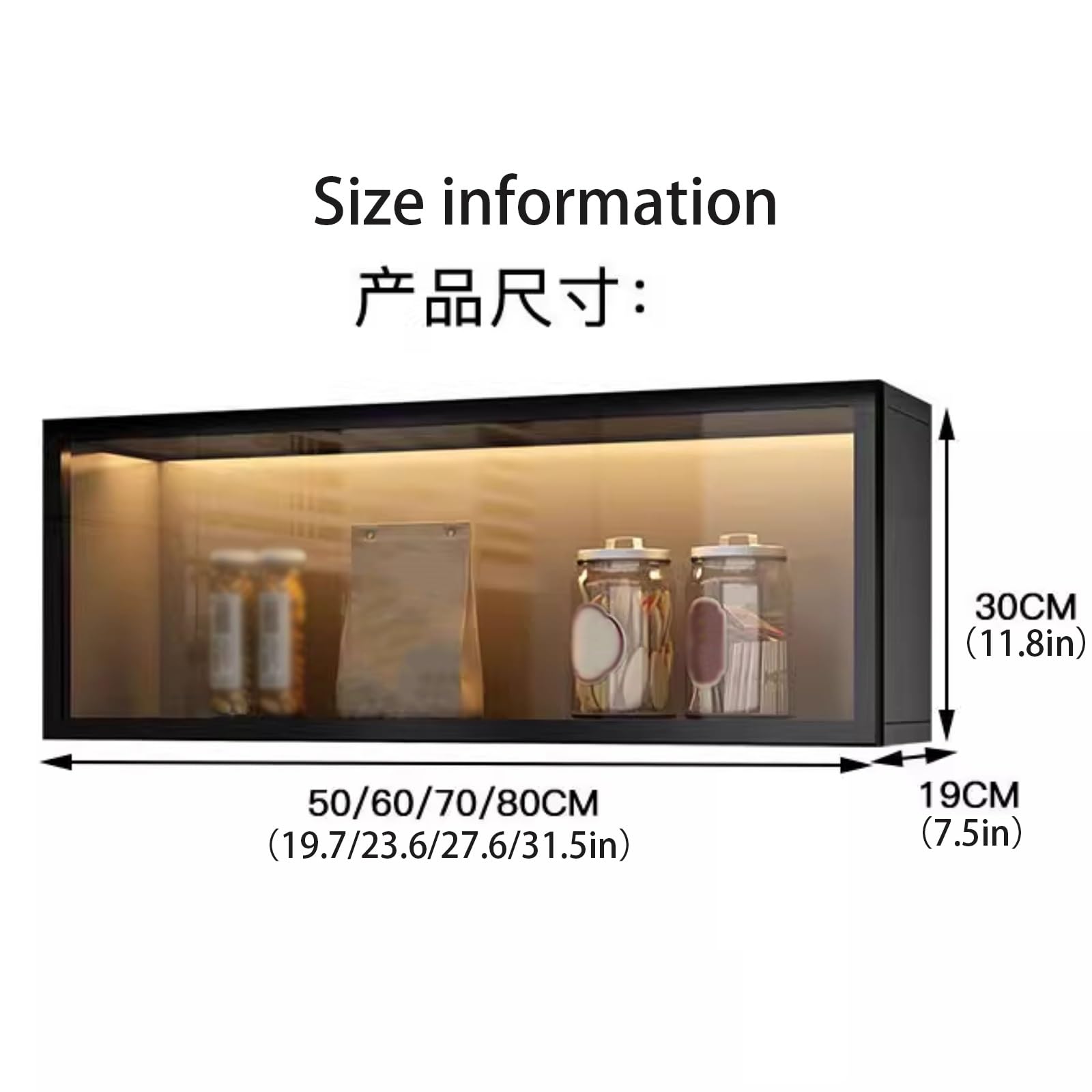 Wandmontierte Vitrinen Schrank mit Aufklappbaren Glastüren für Küche Wandhängendes Gestell aus Massivholz mit Sensorlicht für Küche und Esszimmer(White,60 * 19 * 30cm/23.6 * 7.5 * 11.8in)