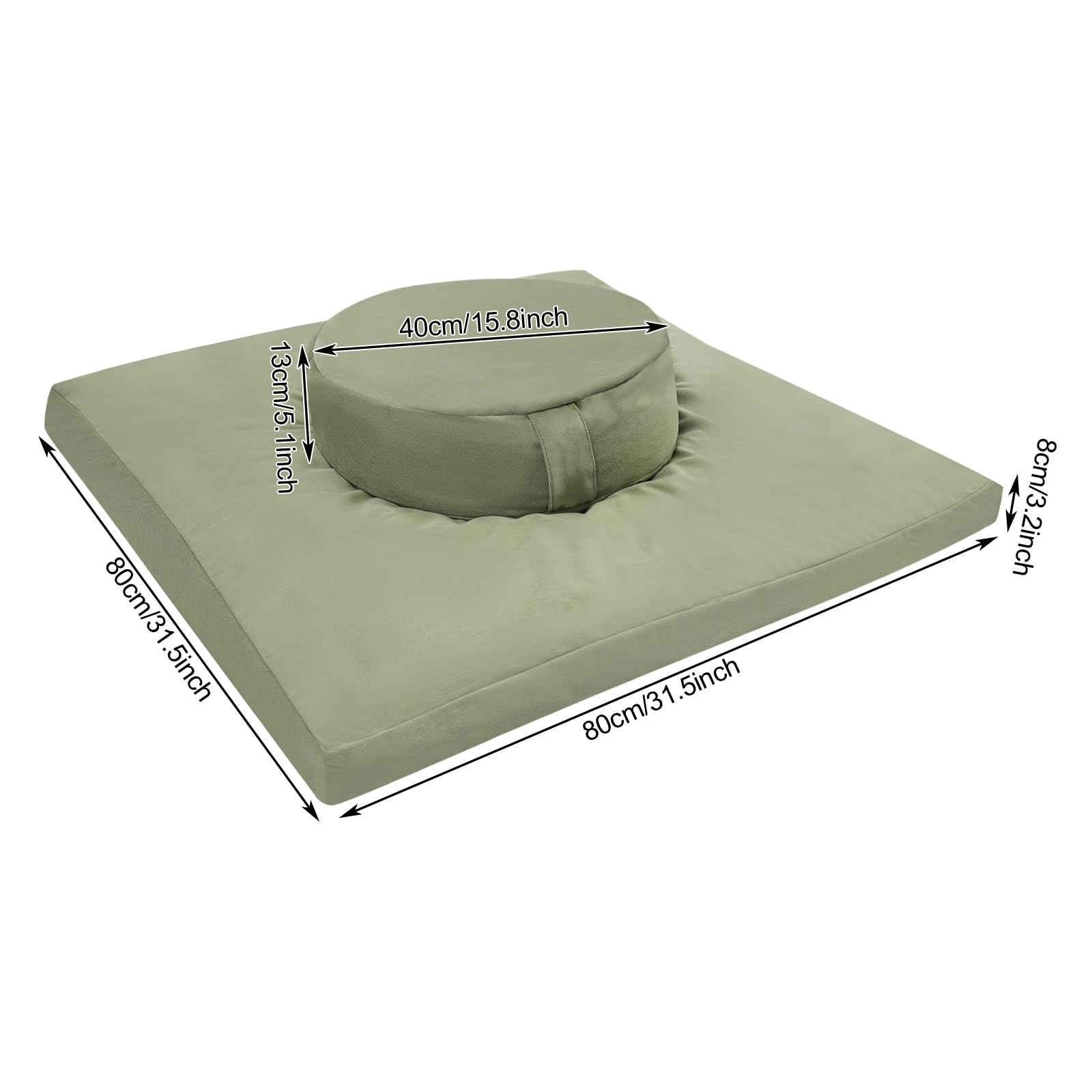 Set da meditazione, cuscino da meditazione, 1 rotondo (40 x 13 cm) + 1 quadrato (80 x 80 x 8 cm), imbottitura in cotone di grano saraceno, rivestimento in velluto lavabile