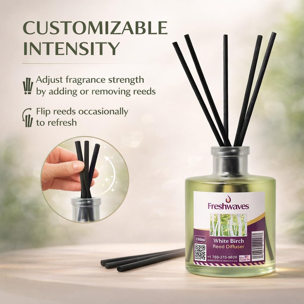 Freshwaves White Birch Reed Diffuser, 5 oz Pine Scent, Mint Green Glass Bottle, Flameless Room Fragrance, Reed Diffuser for Home, Living Room, Bedroom, Bathroom & Office Spaces