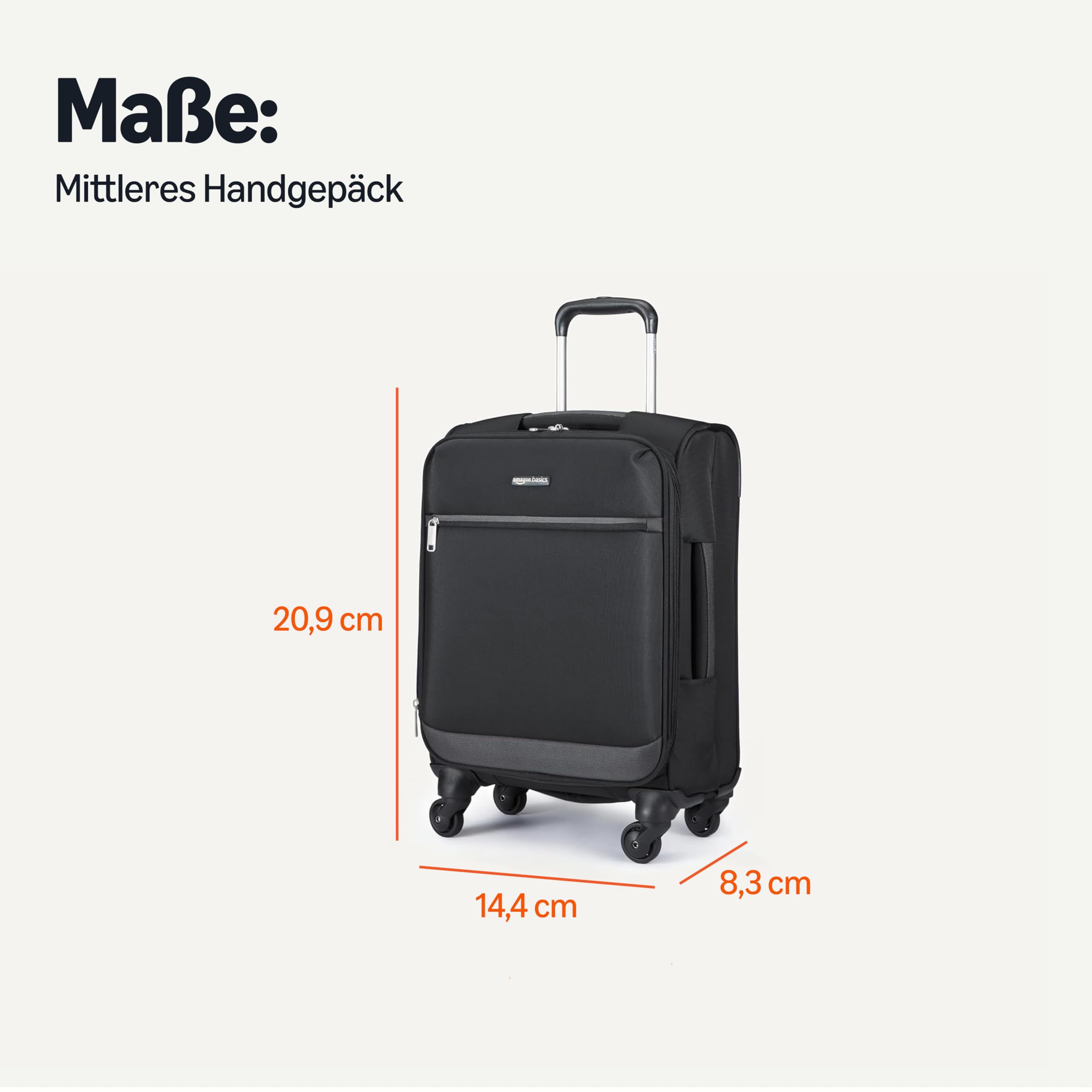 Amazon Basics Weicher Handgepäck-Trolley (53 cm), Koffer mit 4 um 360° drehbaren Rollen, Erweiterbar, Reißverschlusstasche und Gurte, Teleskopgriff, Schwarz