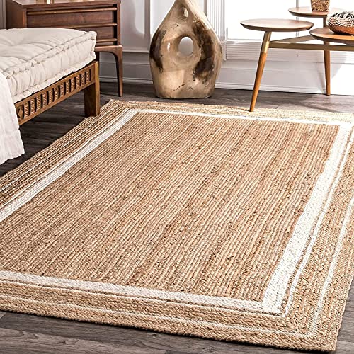 Image of Handwoven 4x6 feet Jute Rectangular Rug, Natural Fibers, Braided Reversible Carpet for Stylish Bedroom Living Room Dining Room Kids Room (4x6 feet, White & Beige)