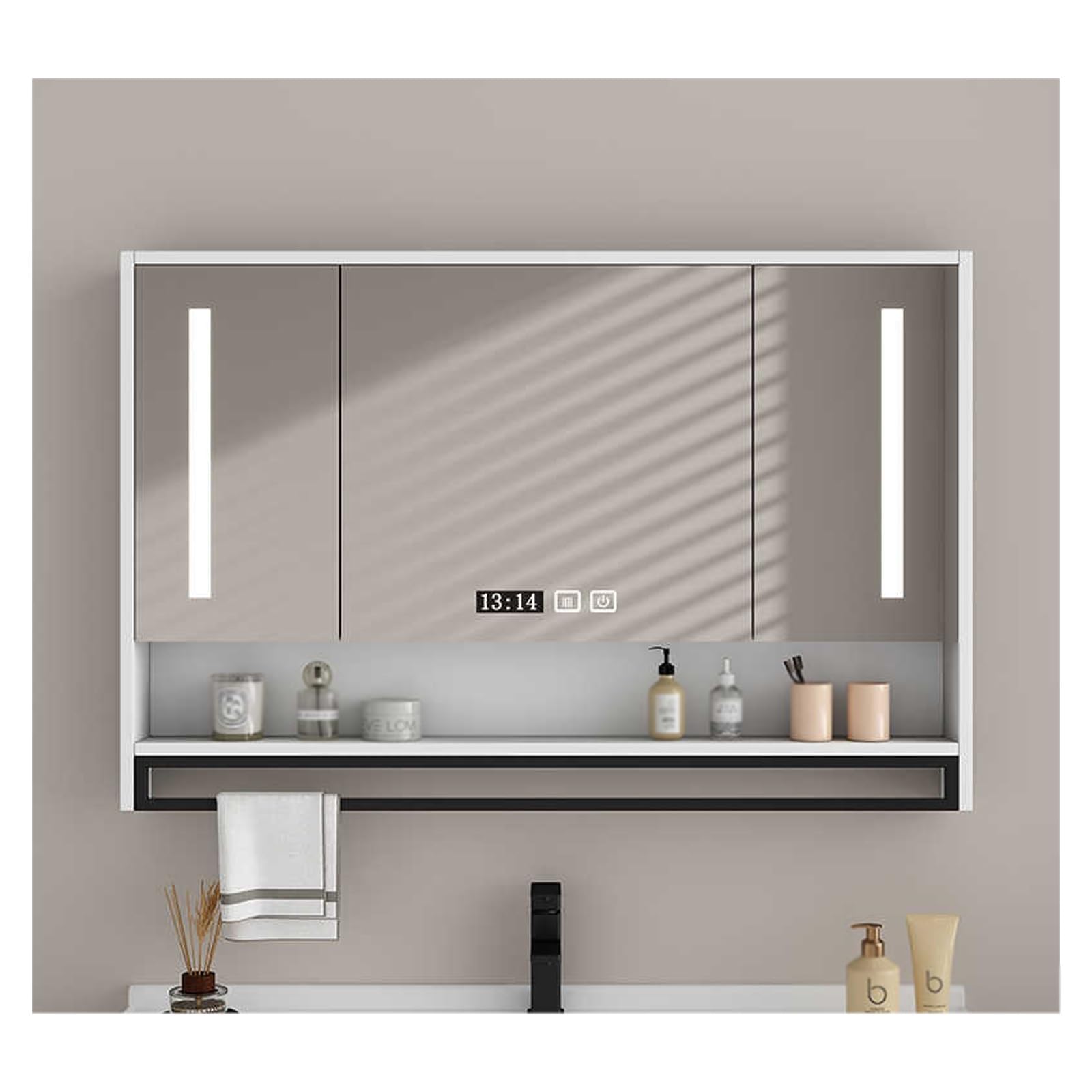 FLYIODFCXV bathroom mirror cabinet, Defogging Function, Solid Wood Material, Suitable for Multiple Scenarios(White,110 * 70cm/43.3 * 27.5in)