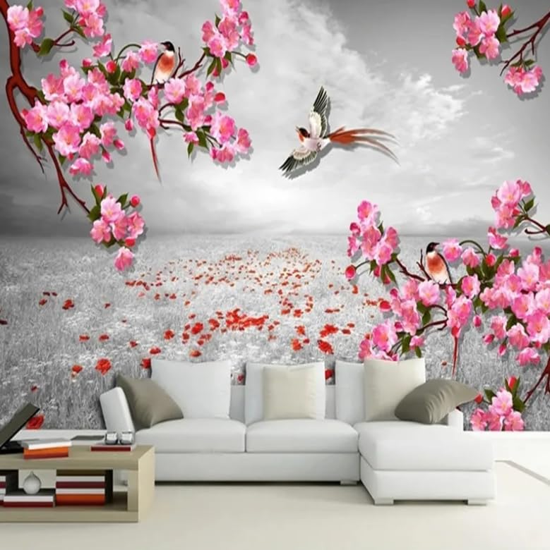 Papier peint chambre salon TV paysage oiseaux fleurs rose rétro 200x140cm