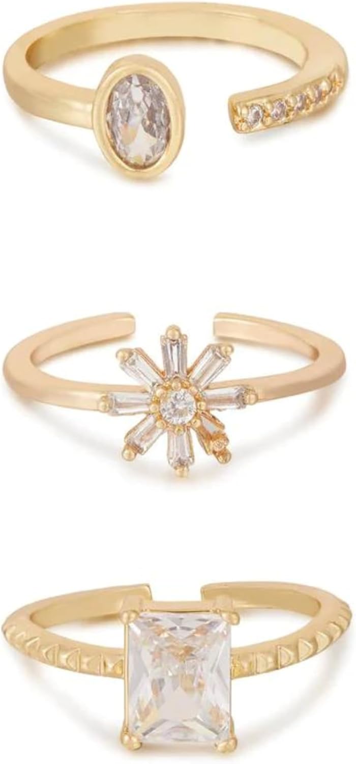 Ettika 18k Gold Plated Ring Set for Women. Delicate Daisy Crystal Adjustable Ring Set. Fashion Jewelry and Accessory.