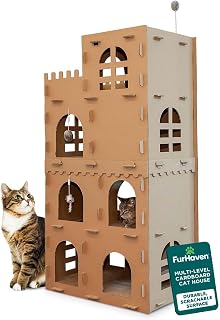 FurHaven Castle Tower Multi-Level Cardboard Cat Scratcher House with Catnip & Toys - Durable Lounge & Play Condo for Indoor Cats