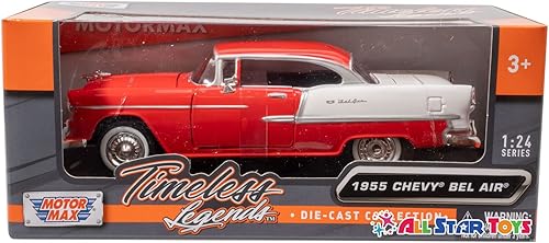 Miniatura 8 de 1955 Chevy Bel Air, rojo, escala 1/24 fundido a troquel modelo Toy Car Motormax 73229