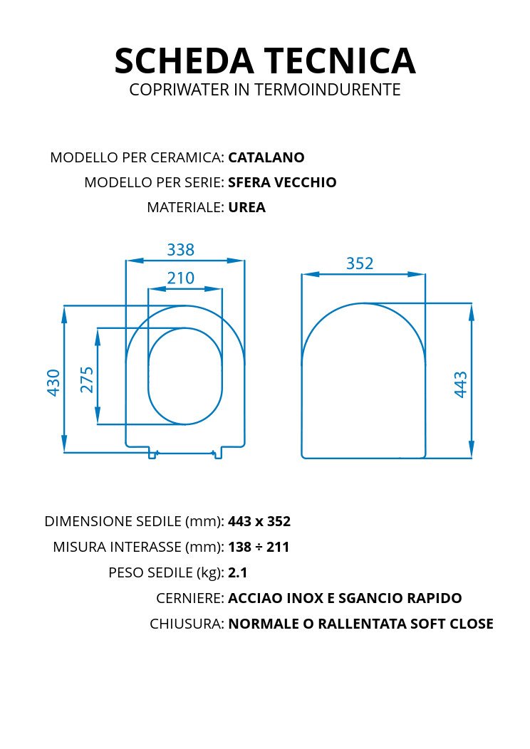 Copriwater per CATALANO SFERA VECCHIO TERMOINDURENTE BIANCO cerniera inox normale o rallentata soft close
