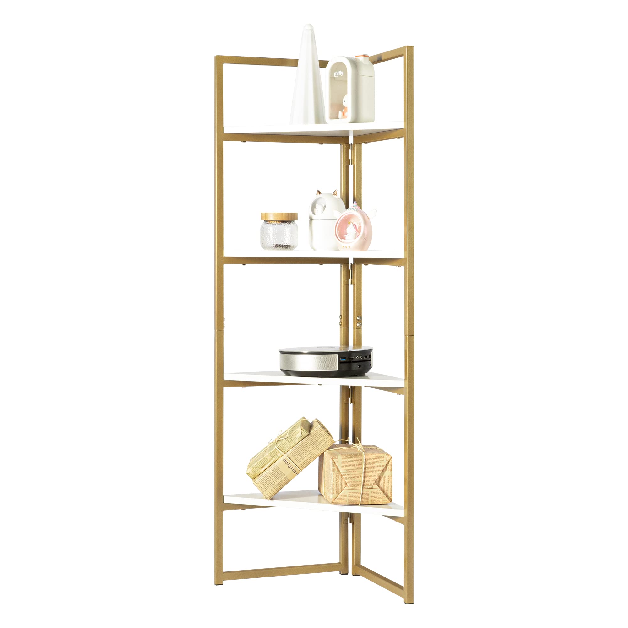 VERYKE4 Tier Corner Shelf, Free Standing Corner Bookshelf Storage Plant Stand with Gold Metal Frame, Multipurpose Display Rack for Living Room, Office, Kitchen, Small Space, White