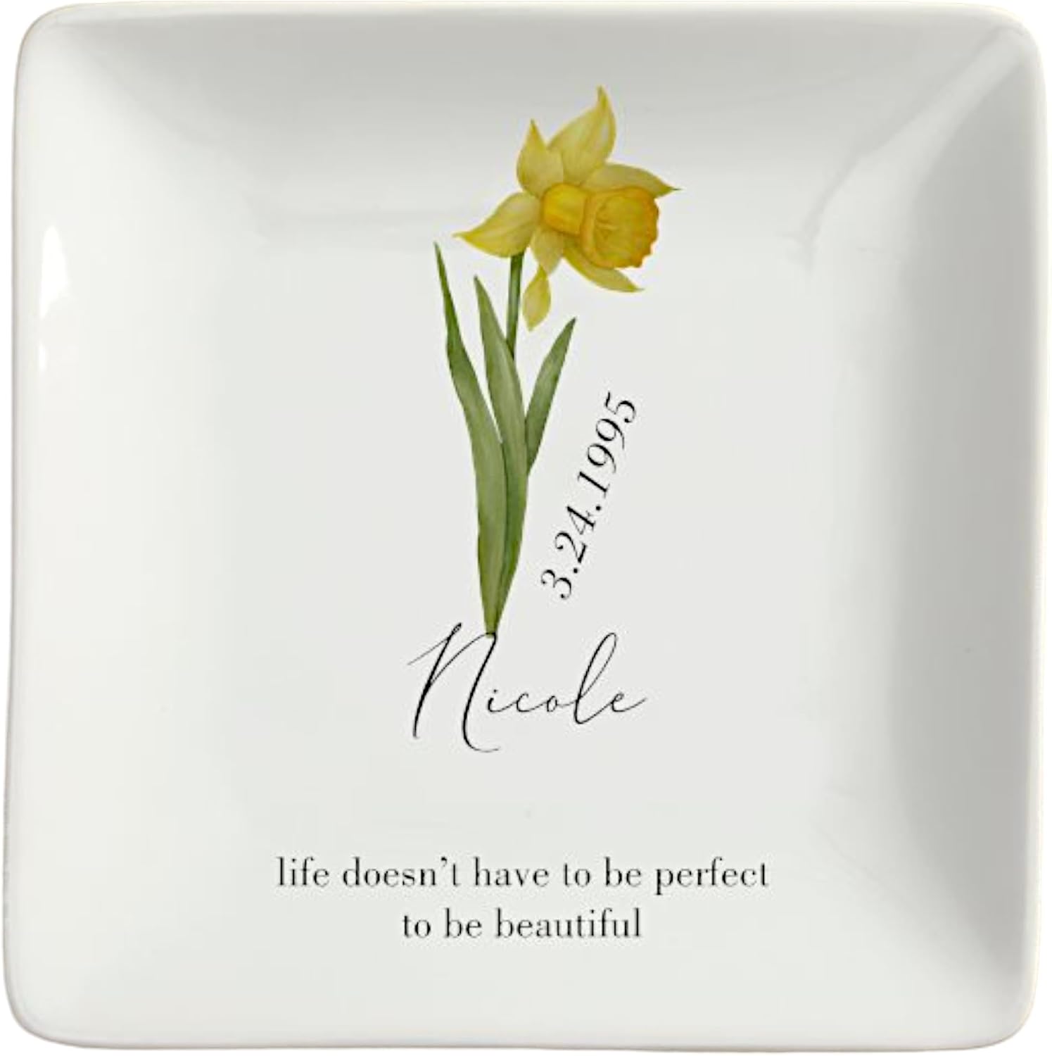 Personalization Universe Birth Month Flower Personalized Ring Dish - 100% Porcelain Jewelry Tray - Ring Holder Dish - Custom Name & Date - 4.5" Square - Perfect for Women, Wedding, Birthday Gift
