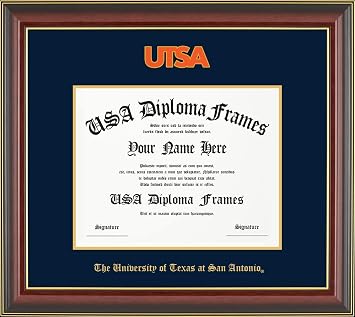 USADiplomaFrames - University of Texas at San Antonio - UTSA - Cherry Glossy with Gold Trim with Navy Suede and Gold matting - Licensed diploma frame with UTSA Logo Medallion - Fits 11 x 14 diploma