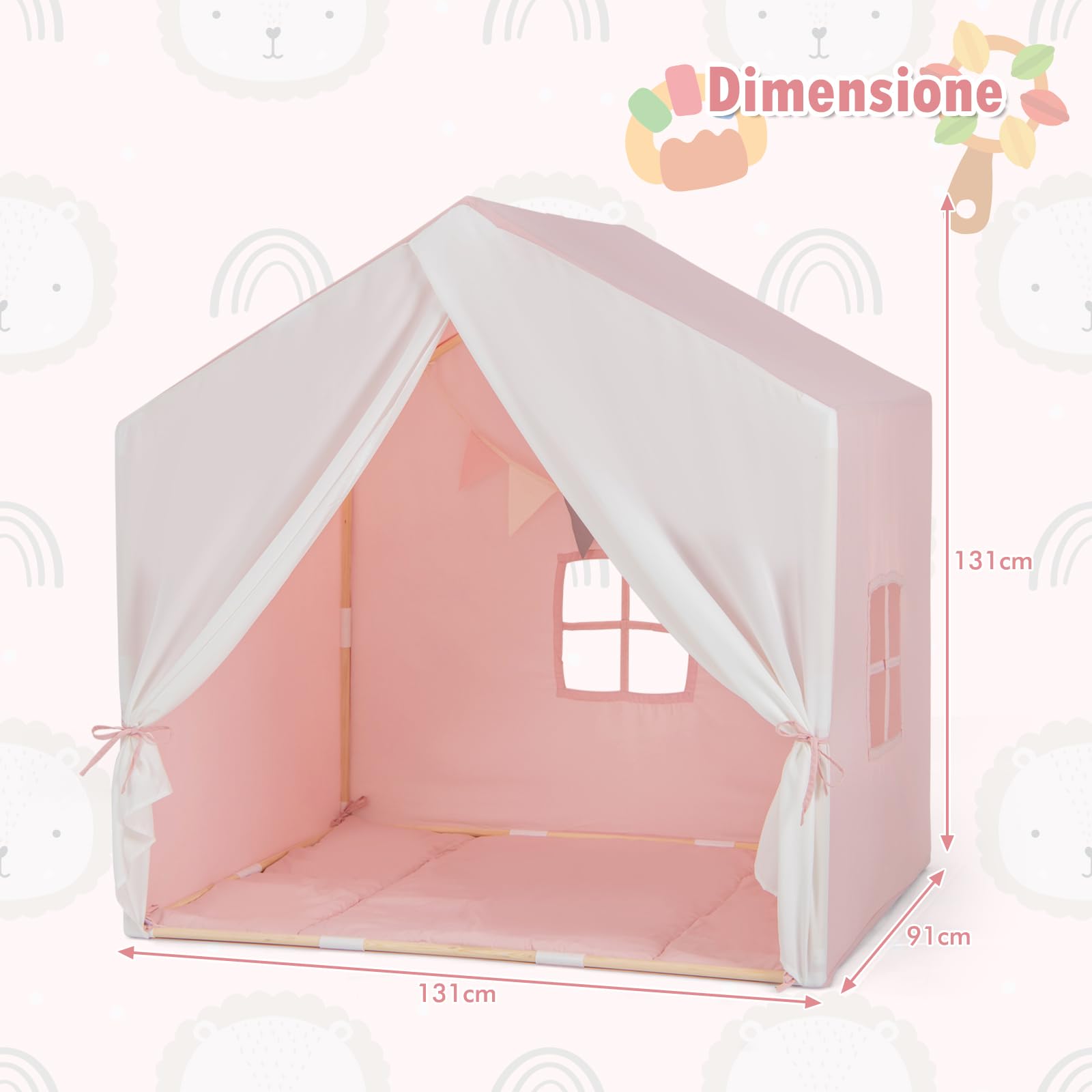 Tenda Da Gioco Per Bambini RELAX4LIFE - Per Fino A 3 Bambini, Con Luci A LED 4m, Bandierine, Finestre, Rosa