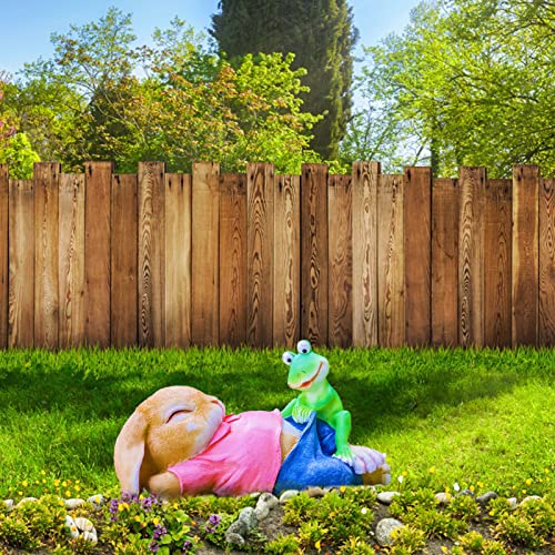 Syfunlv Deko Hasen für draußen,Groß Frosch Figur,25.5 x13x13.5cm Kaninchen mit Frosch Garten Statue Lustig Skulptur für Balkon, Am Teich, Grün Gartenfiguren ZubehöR Rasendekoration