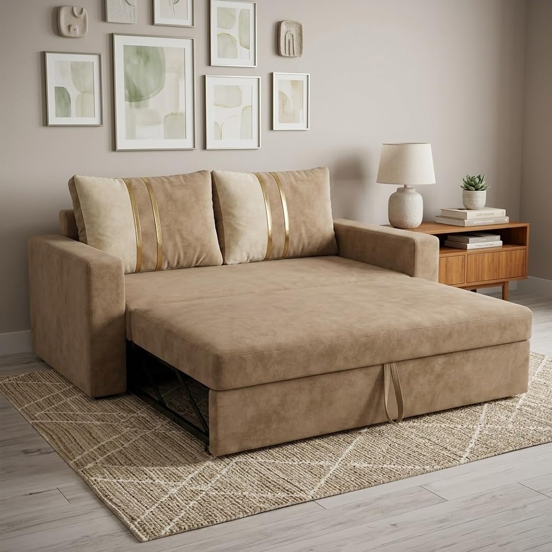 PLUSHMATE Sara 2 Seater Fabric Pull-Out Sofa Cum Bed Function | Luxury Velvet Suede Finish | Durable Comfort | Ideal for Living Room -Beige