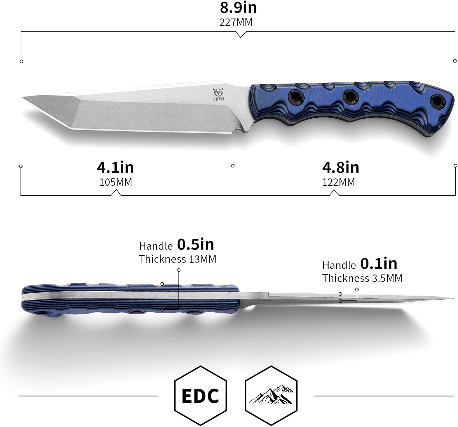 Fixed Blade Tactical Knife, 14C28N Steel Blade, G10 Handle, Carbon Fiber Sheath, 4.1" Blade, 8.9" Overall, EDC Outdoor Survival Knife (Available in Black & Blue) (Blue)