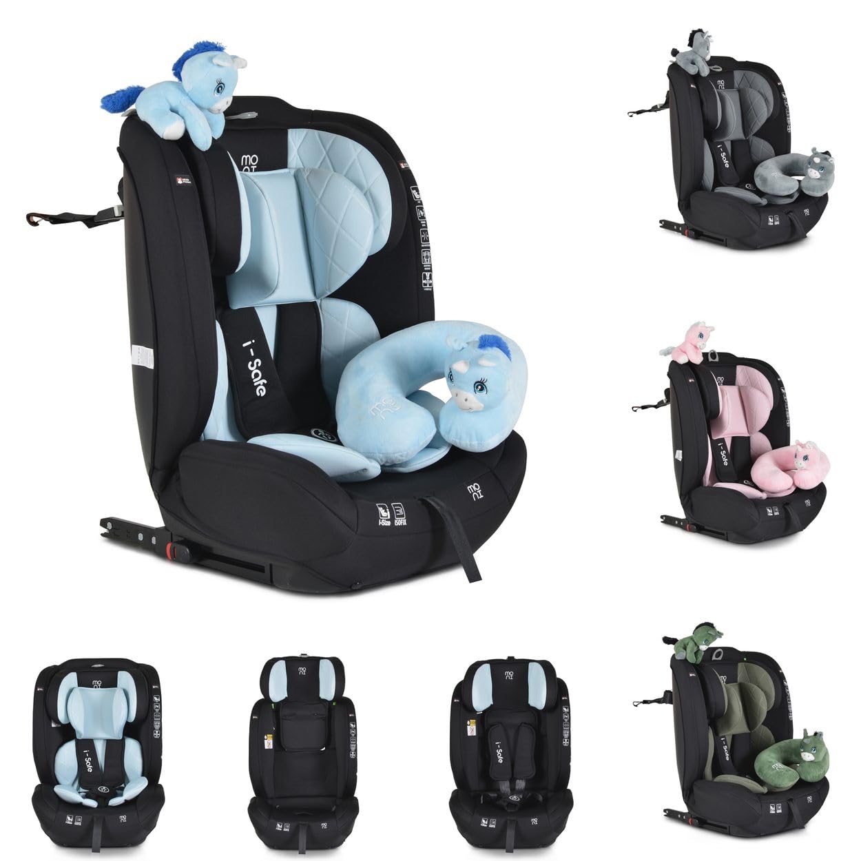 Moni siège enfant i-Size i-Safe (76-150cm) Isofix, Top Tether, réglable, coloris:bleu