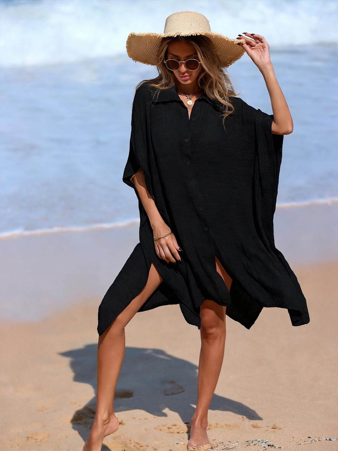 Tiakay Chemise Cache Maillot de Bain pour Femme | Col V Manches Courtes À Boutons Lin Oversizé Cover Up| Couverture Bikini Été Plage