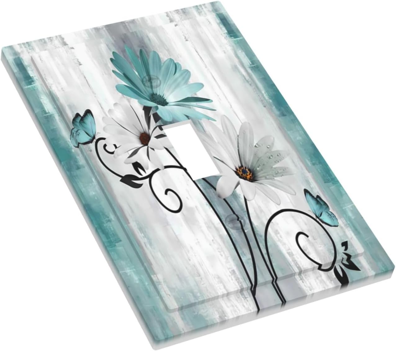 Rustic Farm Teal Daisy Floral Flowers Butterfly Wooden Decorative Light Switch Cover 1 Gang Single Toggle Device Electrical Faceplate Switchplates Decorator Outlet Wall Plate for Farmhouse Home Decor