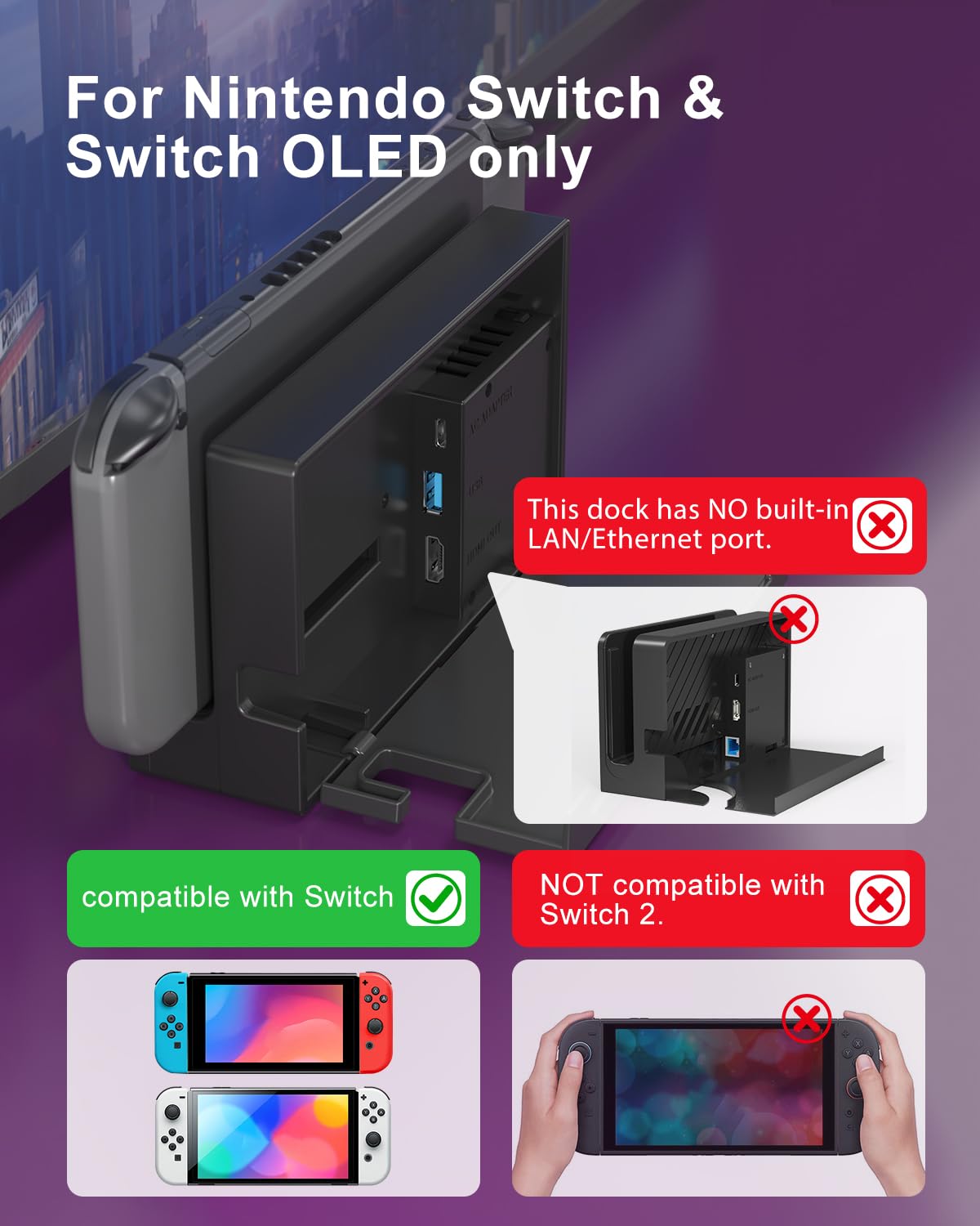 Dock Station for Nintendo Switch/Switch OLED, Replacement 3-in-1 TV Dock Set with Original IC Module, AC Charger & High-Speed HDMI Cable for 1080P HD Output(Not Compatible with Sw 2)