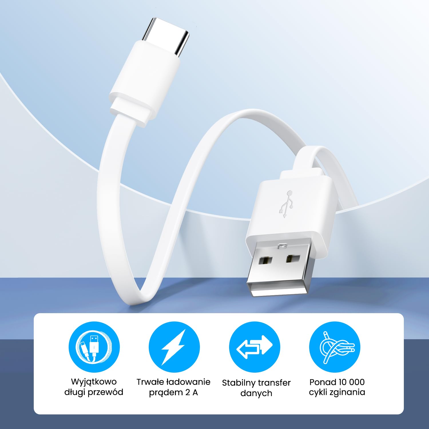 5 m płaski kabel USB-A do USB-C, bardzo długi przedłużacz do ładowania kamer monitorujących, smartfonów, tabletów, kontrolerów do gier i innych, obsługuje transmisję danych – biały