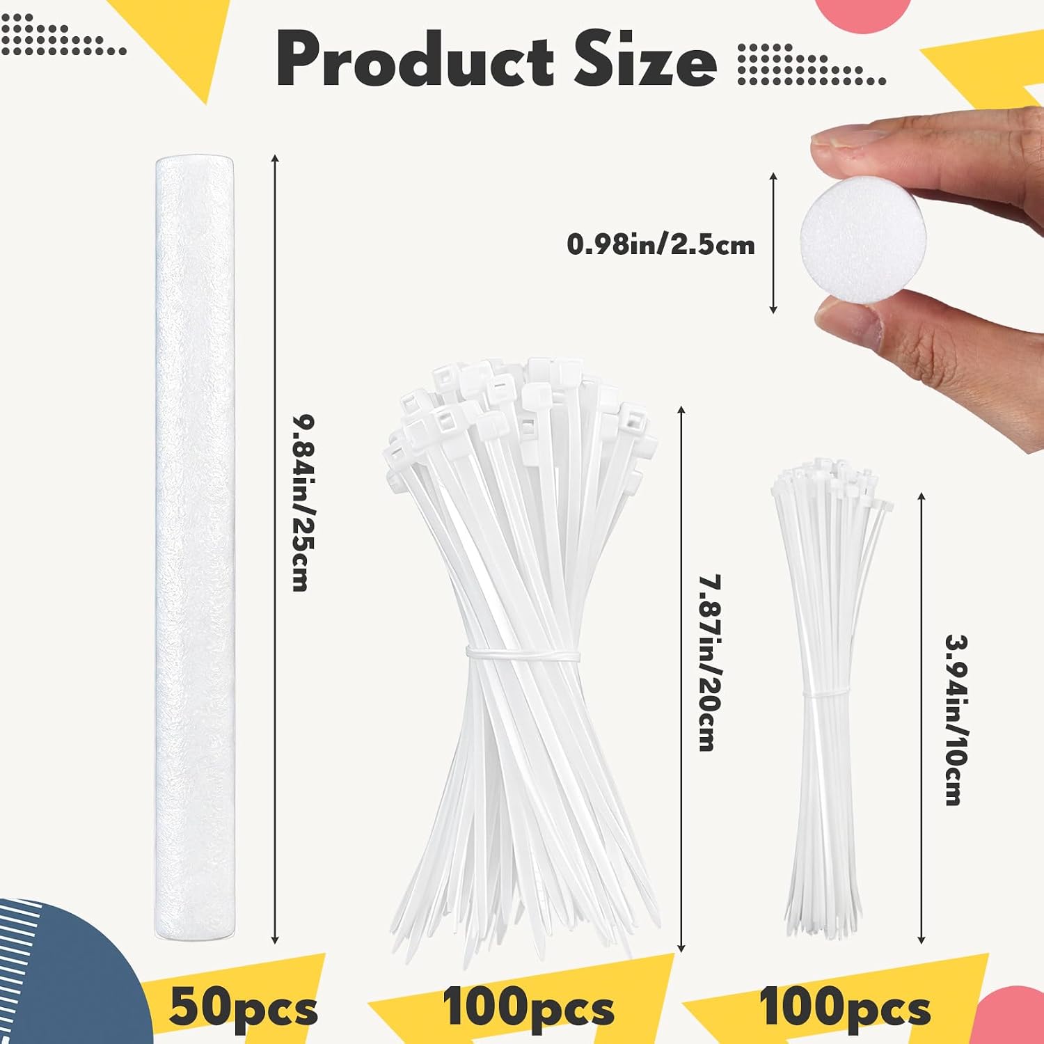 Joyfolk 50 Pcs 0.98 x 10 in White Foam Cylinders for Craft Polystyrene Foam Tubes Rods with 200 pcs Zip Ties for DIY Crafts and Arts Supplies Floral Arrangements Modeling Craft Project