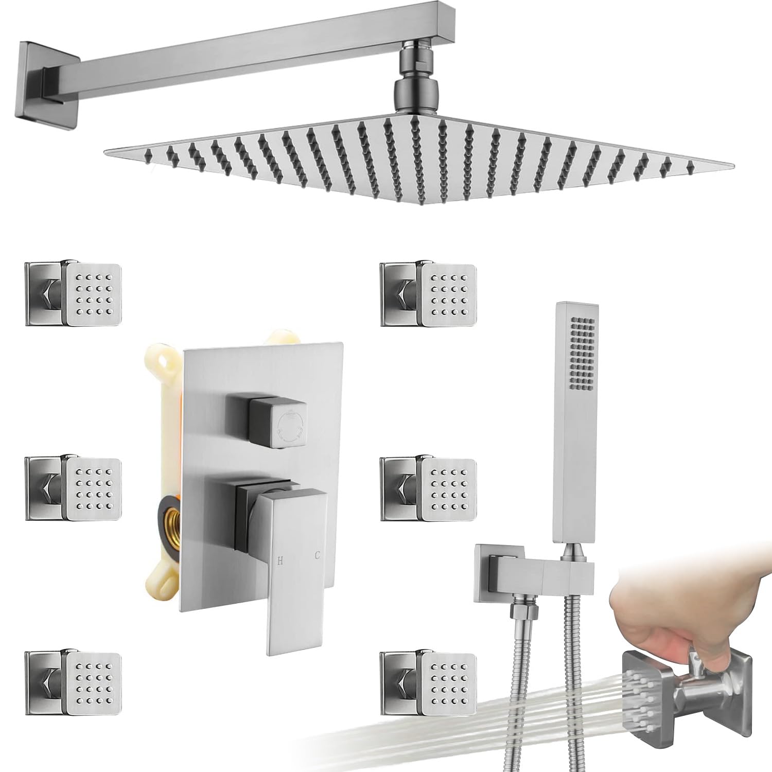 (Updated) Enga High Pressure Shower Body Spray System with 12inch Rainfall Shower and Hand Held Combo Bathroom Faucet Complete Set, Brushed Nickel