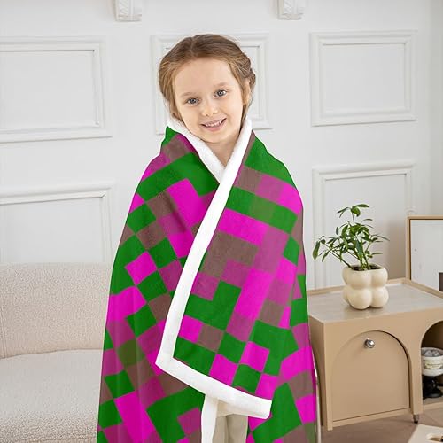 Miniatura 3 de Manfei Pixelated Miners Throw Blanket Rose Green Brown Grid Fleece Blanket Modern Geometric Games Cozy Throws for Bed Couch Sofa,Kids Boys Girls