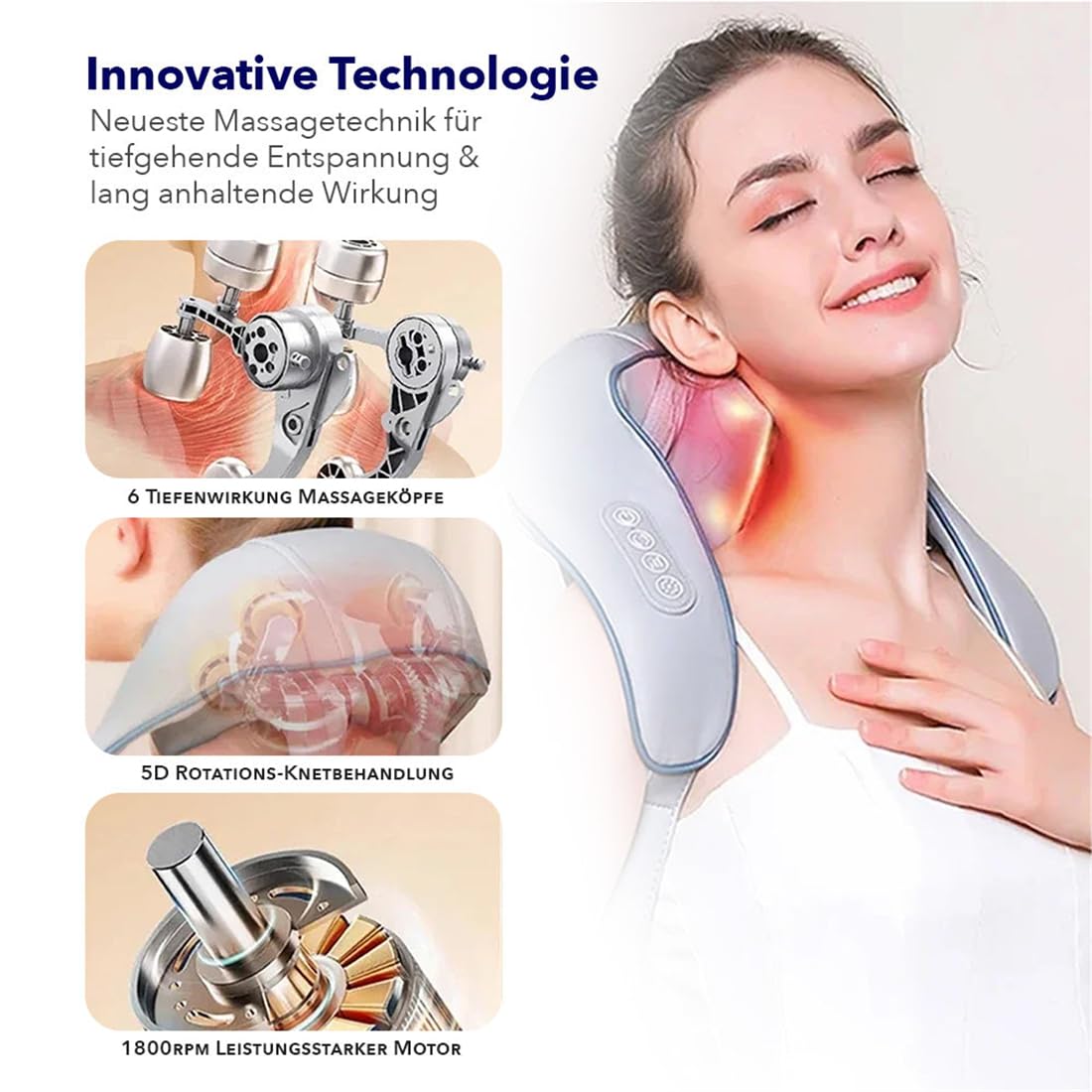 Shiatsu Massagegerät mit Wärmefunktion, 6 Rotationsköpfe, Kabellos – Tiefenwirksame Nacken- & Schultermassage für Büro, Zuhause – Ideal für Berufstätige, Sportler & Senioren