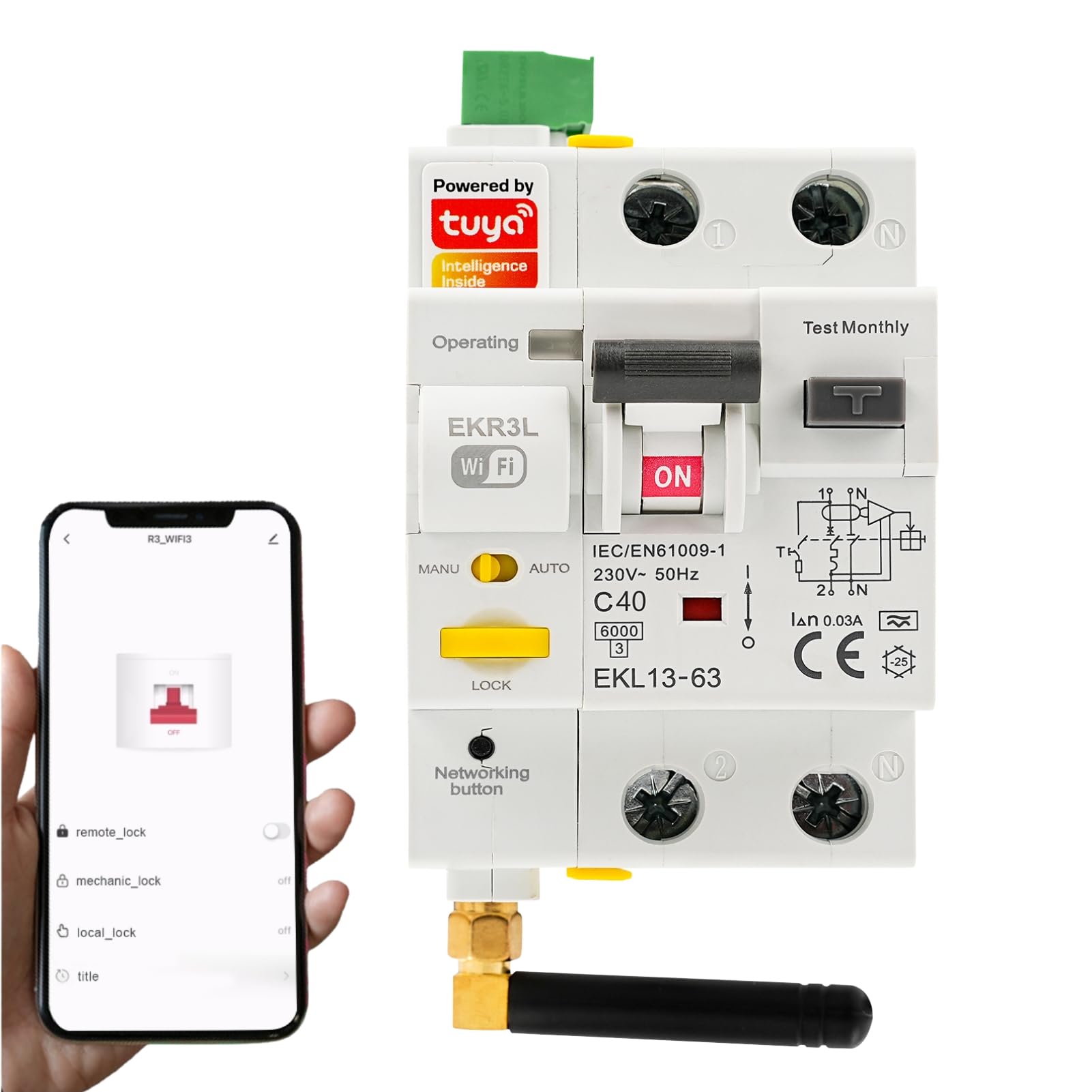 Jadeshay Disjoncteur Differentiel 30ma 40A 2 Pôles A Type Disjoncteur Intelligent RCCB Dispositif à réenclenchement Automatique WiFi AC230V Contrôle TUYA (GKR3L)