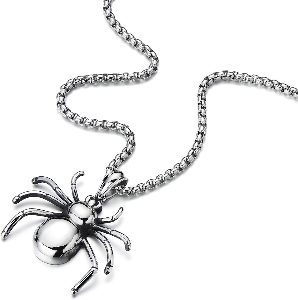 COOLSTEELANDBEYOND Stainless Steel Spider Pendant Necklace for Men for Polished with 30 Inches Wheat Chain
