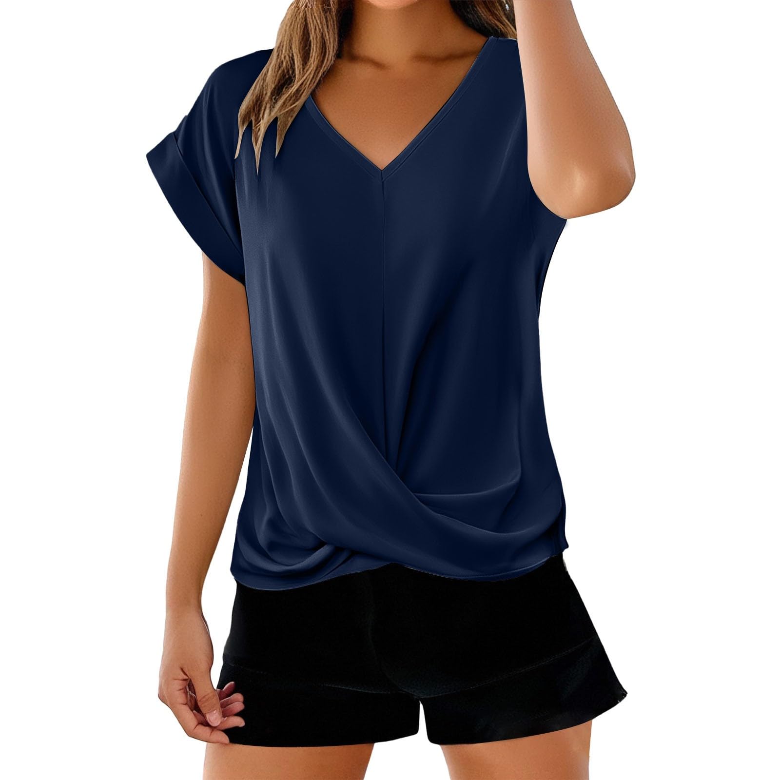 Womens Summer Tops Cap Sleeve Front Twist Knot V Neck T Shirts Draped Blouses Casual Loose Fit tees