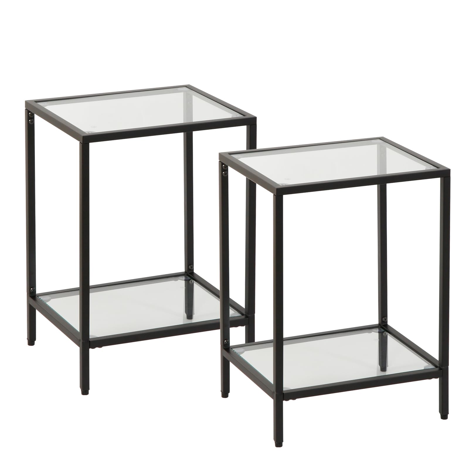 Gawicpy 2-Tier End Table with Tempered Glass, Gold End Tables Set of 2 Black Metal Nightstand Sofa Side Table for Small Spaces, Modern Square Side Table for Living Room, Office, Bedroom (2pcs, Black)
